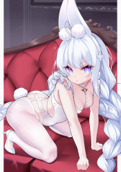 Rule 34 | + +, 1girl, :o, absurdres, ahoge, all fours, animal ears, ass, azur lane, bare arms, bare shoulders, blue eyes, blush, braid, breasts, butt crack, cleavage, collarbone, commentary request, couch, fake animal ears, fake tail, full body, gradient eyes, hairband, high heels, highres, huge filesize, le malin (azur lane), le malin (listless lapin) (azur lane), leotard, long hair, mikawa sansen, multicolored eyes, official alternate costume, on couch, outside border, pantyhose, parted lips, pillarboxed, purple eyes, rabbit ears, rabbit tail, revealing clothes, small breasts, solo, tail, twin braids, v-shaped eyebrows, very long hair, white footwear, white hairband, white leotard, white pantyhose