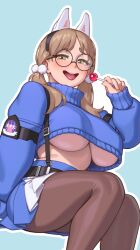 Rule 34 | 1girl, absurdres, blue archive, blue skirt, blue sweater, breasts, candy, cropped sweater, food, glasses, highres, holding, holding candy, holding food, holding lollipop, invisible chair, large breasts, light brown hair, lollipop, long hair, looking at viewer, low twintails, moe (blue archive), no halo, open mouth, pantyhose, riz, round eyewear, sitting, skirt, sleeves past wrists, smile, solo, sweater, tongue, tongue out, turtleneck, turtleneck sweater, twintails, two-tone skirt, underboob, white skirt