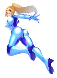 Rule 34 | 1girl, absurdres, ass, blonde hair, blue eyes, blush, bodysuit, breasts, cameltoe, covered erect nipples, from behind, full body, gloves, high heels, highres, large breasts, long hair, looking at viewer, metroid, metroid (classic), nintendo, open mouth, ponytail, samus aran, simple background, skin tight, solo, volyz, white background, zero suit