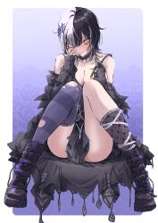 Rule 34 | 1girl, asymmetrical legwear, bare shoulders, black choker, black coat, black dress, black footwear, black hair, black nails, black socks, blush, boots, border, breasts, chain, choker, cleavage, closed mouth, coat, commentary, cross-laced footwear, dress, fingernails, fishnet socks, fishnets, grey hair, hair ornament, hand up, highres, hololive, hololive english, invisible chair, kajino (aosansai), knees up, lace, lace-up boots, lace choker, large breasts, layered dress, long fingernails, long hair, long sleeves, looking at viewer, mismatched legwear, multicolored hair, nail polish, off shoulder, open clothes, open coat, outside border, shiori novella, shiori novella (1st costume), single sock, single thighhigh, sitting, sleeveless, sleeveless dress, smile, socks, solo, split-color hair, striped clothes, striped thighhighs, thighhighs, torn clothes, torn thighhighs, two-tone hair, uneven legwear, virtual youtuber, white border, yellow eyes