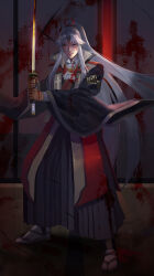 Rule 34 | 1boy, amakusa shirou (fate), blood, blood on clothes, blood on face, blood on hands, bloody weapon, cross, fate/apocrypha, fate/grand order, fate (series), full body, haori, highres, holding, holding sword, holding weapon, japanese clothes, katana, peach (marslave), ponytail, red eyes, shoes, shouji, sliding doors, solo, sword, uwabaki, weapon, white hair