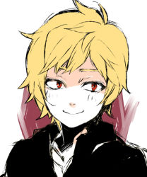 Rule 34 | 1boy, aged down, bad id, bad pixiv id, blonde hair, hood, hoodie, kagerou project, kano shuuya, male focus, ooyama (hnk1018), partially colored, portrait, red eyes, simple background, smile, solo, upper body, white background