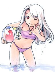 Rule 34 | 1girl, bare shoulders, blush, closed mouth, fate/hollow ataraxia, fate/stay night, fate (series), illyasviel von einzbern, long hair, looking at viewer, navel, nekomata naomi, one eye closed, red eyes, smile, solo, swimsuit, white hair