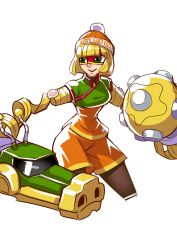 Rule 34 | 1girl, :d, absurdres, arms (game), beanie, blonde hair, bob cut, brown pantyhose, cropped legs, eye mask, green eyes, hat, highres, holding, holding weapon, medium hair, min min (arms), open mouth, orange shorts, pantyhose, ryuusei (mark ii), shorts, simple background, smile, solo, weapon, white background