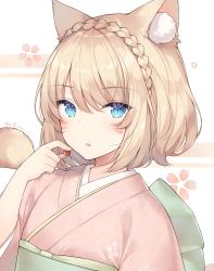 Rule 34 | 1girl, animal ear fluff, animal ears, ayuanlv, blonde hair, blue eyes, braid, cat ears, cat tail, cherry blossoms, facial mark, final fantasy, final fantasy xiv, food, french braid, fruit, japanese clothes, kimono, looking at viewer, miqo&#039;te, obi, parted lips, pink kimono, sash, short hair, solo, tail, tail raised, upper body, warrior of light (ff14)