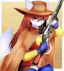 Rule 34 | 1girl, animal ears, animal nose, belt, breasts, claws, cowboy hat, denim, fingerless gloves, fox ears, fox tail, furry, furry female, gloves, gun, hair between eyes, hat, highres, jeans, long hair, looking at viewer, mako03021, medium breasts, muzzle, pants, poncho, purple eyes, red shirt, rifle, scope, shirt, sidelocks, snout, tail, trigger discipline, weapon