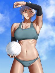 Rule 34 | 1girl, alternate costume, arm up, arm warmers, armpits, ball, black eyes, bleach, blue bra, blue panties, blue sky, blush, bra, breasts, cleavage, cloud, cloudy sky, collarbone, commentary, cowboy shot, day, ear piercing, english commentary, eyelashes, highres, hihizaru badass, holding, holding ball, jewelry, kotetsu isane, large breasts, lips, looking at viewer, navel, necklace, outdoors, panties, parted lips, piercing, ribs, shading eyes, short hair with long locks, sky, solo, spiked hair, sports bra, standing, stomach, sweat, toned, underwear, volleyball, volleyball (object), white hair