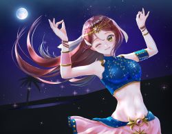 Rule 34 | 1girl, absurdres, ahoge, arabian clothes, armlet, artist name, artist request, bare shoulders, blouse, blue shirt, blush, braid, breasts, crop top, dancer, detached sleeves, earrings, female focus, hand up, head chain, highres, jewelry, long hair, looking at viewer, love live!, love live! school idol festival, love live! sunshine!!, medium breasts, moon, navel, night, night sky, one eye closed, outstretched arms, panaham, parted lips, pink skirt, puffy sleeves, red hair, sakurauchi riko, sash, see-through, see-through sleeves, shirt, short hair, showgirl skirt, single braid, skirt, sky, sleeveless, smile, solo, yellow eyes