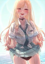 Rule 34 | 1girl, backlighting, blonde hair, blue skirt, blush, breasts, collared shirt, dress shirt, ear piercing, earrings, highres, jewelry, kitagawa marin, large breasts, long hair, long sleeves, looking at viewer, necktie, piercing, pleated skirt, red eyes, shirt, skirt, sleeves rolled up, sono bisque doll wa koi wo suru, thighs, wei yu, white shirt