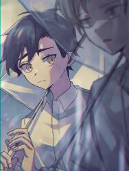 Rule 34 | 2boys, black hair, blurry, brown eyes, chromatic aberration, closed mouth, collared shirt, commentary request, fingernails, grey background, hair ornament, hairclip, highres, holding, holding umbrella, kagerou project, kano shuuya, light brown hair, looking to the side, male focus, mekakucity actors, mokemoke chan, multiple boys, muted color, parted lips, rain, seto kousuke, shirt, short hair, solo focus, transparent, transparent umbrella, umbrella, upper body, white shirt, yellow eyes