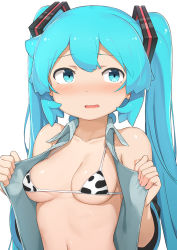 Rule 34 | 1girl, abmayo, animal print, aqua eyes, aqua hair, bare shoulders, bikini, blush, breasts, collarbone, commentary request, cow print, hands up, hatsune miku, long hair, looking at viewer, open clothes, open mouth, simple background, solo, swimsuit, thighhighs, twintails, upper body, very long hair, vocaloid, white background
