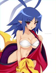 Rule 34 | 1girl, absurdres, antenna hair, blue hair, bracelet, breasts, collarbone, cowboy shot, darkmoney, disgaea, disgaea rpg, genderswap, genderswap (mtf), highres, japanese clothes, jewelry, laharl, laharl-chan, large breasts, long hair, looking at viewer, navel, off shoulder, open mouth, pointy ears, red eyes, simple background, solo, standing, strapless, tube top, white background
