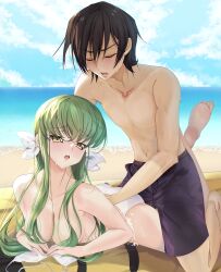 Rule 34 | 1boy, 1girl, absurdres, applying sunscreen, arm support, ass, bare arms, bare shoulders, barefoot, beach, bikini, unworn bikini top, black hair, blue sky, blush, boy on top, breasts, budgiepon, c.c., chest tattoo, closed eyes, cloud, code geass, collarbone, commentary, commentary request, couple, crossed bangs, crossed legs, day, drooling, embarrassed, eyelashes, eyes visible through hair, feet, foot up, furrowed brow, green hair, hair between eyes, hair censor, hair over breasts, hair ribbon, hair spread out, head tilt, hetero, highres, kneeling, lelouch vi britannia, lips, long hair, lying, medium breasts, mouth drool, ocean, on stomach, open mouth, outdoors, ribbon, sexually suggestive, short hair, sidelocks, sky, soles, sweat, sweatdrop, swimsuit, tattoo, teeth, the pose, toes, topless, topless male, upper teeth only, v-shaped eyebrows, very long hair, white bikini, white ribbon, yellow eyes