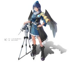 Rule 34 | 1girl, black coat, black footwear, black wings, blue dress, blue hair, blue hat, boots, brown eyes, character name, coat, cross-laced footwear, dress, english text, hand on own hip, hat, highres, iizunamaru megumu, lace-up boots, looking at viewer, object request, redden wang, shadow, smile, solo, tokin hat, touhou, tripod, white background, wings
