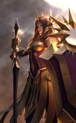 Rule 34 | 1girl, armor, backlighting, breastplate, brown eyes, brown hair, cassio yoshiyaki, cowboy shot, ear protection, faulds, forehead protector, gauntlets, highres, league of legends, leona (league of legends), light smile, lips, long hair, nose, planted, planted sword, planted weapon, shield, solo, sword, weapon