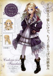 Rule 34 | 1girl, absurdres, atelier (series), atelier rorona, blonde hair, blue eyes, blush, boots, bow, character name, coat, collarbone, cuderia von feuerbach, dress, female focus, frills, full body, hair bow, hair ribbon, hands on own hips, highres, jewelry, kishida mel, knee boots, long hair, necklace, non-web source, official art, pantyhose, ribbon, simple background, sleeves past wrists, smile, solo, wavy hair, white pantyhose