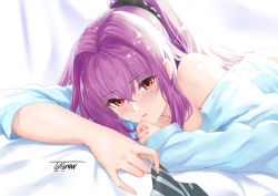 Rule 34 | 1girl, bare shoulders, blue shirt, blush, breasts, fate/grand order, fate (series), hair intakes, large breasts, long hair, long sleeves, looking at viewer, lying, on stomach, parted lips, ponytail, purple hair, red eyes, scathach (fate), shirt, smile, toyoman