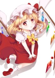 Rule 34 | 1girl, arm support, blonde hair, colored eyelashes, crystal, flandre scarlet, hair between eyes, hat, hat ribbon, highres, lips, looking at viewer, mob cap, mumu-crown, pouty lips, puffy short sleeves, puffy sleeves, red eyes, red ribbon, red skirt, red vest, ribbon, shirt, short sleeves, side ponytail, skirt, solo, touhou, vest, white shirt, wings