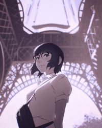 Rule 34 | 1girl, :3, bag, breasts, day, eiffel tower, from below, glasses, highres, ilya kuvshinov, looking at viewer, monochrome, original, short hair, short sleeves, small breasts, solo, upper body