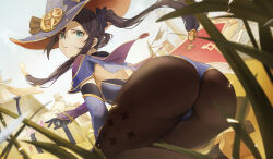 Rule 34 | 1girl, all fours, aqua eyes, ass, black hair, blue leotard, capelet, earrings, floating hair, from behind, genshin impact, gloves, gold trim, grass, hat, high heels, highres, iamberrymou, jewelry, leotard, long hair, looking back, mona (genshin impact), pantyhose, parted lips, solo, sparkle print, thighlet, treasure chest, twintails, witch hat