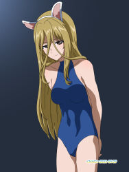 Rule 34 | 1girl, animal ears, blonde hair, blue one-piece swimsuit, blush, breasts, brown eyes, cat ears, closed mouth, collarbone, covered navel, dated, fake animal ears, girls und panzer, highres, large breasts, long hair, looking at viewer, naotosi, nekonyaa (girls und panzer), one-piece swimsuit, signature, simple background, smile, solo, swimsuit