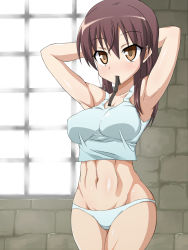 Rule 34 | 1girl, abs, adjusting hair, alternate hairstyle, armpits, arms up, bra, brown eyes, brown hair, gertrud barkhorn, highres, long hair, moruan, mouth hold, panties, ribbon, ribbon in mouth, solo, strike witches, tank top, underwear, underwear only, world witches series