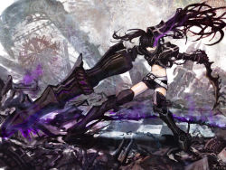Rule 34 | 10s, 1girl, armor, belt, belt skirt, black hair, black rock shooter, boots, chain, charimei, fangs, gauntlets, glowing, glowing eyes, greaves, highres, huge weapon, insane black rock shooter, long hair, midriff, navel, pale skin, purple eyes, scar, short shorts, shorts, smile, solo, stitches, sword, thigh boots, thighhighs, twintails, uneven twintails, weapon