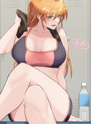 Rule 34 | 1girl, absurdres, blue eyes, blush, bottle, bra, breasts, cleavage, collarbone, gym shorts, highres, large breasts, leonis g, long hair, looking to the side, lyrical nanoha, mahou shoujo lyrical nanoha strikers, open mouth, orange hair, shorts, sitting, solo, sports bra, teana lanster, underwear