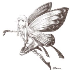 Rule 34 | 1girl, aerie (bravely default), bare shoulders, bravely default: flying fairy, bravely default (series), butterfly wings, dress, fairy, from side, full body, gloves, hand on own thigh, highres, huiyuan, insect wings, knee up, long hair, monochrome, outstretched arm, pointy ears, short dress, simple background, sketch, smile, solo, strapless, strapless dress, thigh strap, thighhighs, white background, wings