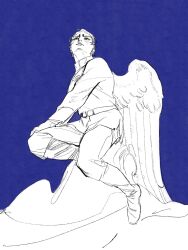 Rule 34 | 1boy, angel, angel wings, blue background, boots, chengongzi123, closed mouth, commentary, english commentary, feathered wings, full body, golden kamuy, highres, jacket, koito otonoshin, long sleeves, looking up, male focus, military uniform, pants, partially colored, short hair, simple background, sitting, uniform, very short hair, wings