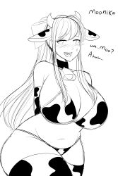 Rule 34 | 1girl, absurdres, animal ears, animal print, arms behind back, bell, bikini, blush, bow, breasts, character name, cleavage, collar, cow ears, cow girl, cow horns, cow print, cowbell, cowboy shot, curvy, doki doki literature club, elbow gloves, embarrassed, english text, gloves, hair bow, highres, horns, huge breasts, long hair, monika (doki doki literature club), monochrome, navel, neck bell, open mouth, pun, sidelocks, simple background, sketch, smile, solo, standing, sunlover61, sweatdrop, swimsuit, text focus, thick thighs, thighhighs, thighs, white background, wide hips