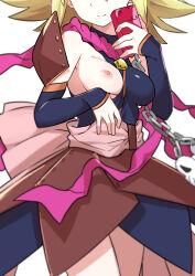 Rule 34 | 1girl, blonde hair, breasts, cellphone, chain, detached sleeves, duel monster, gagaga girl, head out of frame, highres, holding, holding phone, large breasts, morisobo, nipples, one breast out, phone, pink ribbon, ribbon, selfie, short hair, simple background, skull, smartphone, solo, spiked hair, white background, yu-gi-oh!