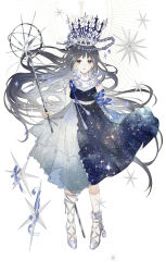 Rule 34 | 1girl, bad id, bad pixiv id, black dress, broken, broken chain, chain, crown, dress, fantasy, grey hair, holding, holding wand, jewelry, long hair, looking at viewer, necklace, original, silver shoes, simple background, solo, star (symbol), starry sky print, two-tone dress, vertigowitch, very long hair, wand, white dress, white legwear