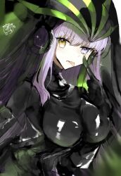 Rule 34 | 1girl, :p, black bodysuit, black headdress, bodysuit, breasts, fate/extra, fate/extra ccc, fate/extra ccc fox tail, fate/grand order, fate (series), giant, giantess, gimp suit, green ribbon, heterochromia, kingprotea (fate), large breasts, latex, latex bodysuit, long hair, looking at viewer, mejegyo, purple eyes, purple hair, ribbon, shiny clothes, skin tight, solo, tongue, tongue out, veil, xochitonal (fate), yellow eyes