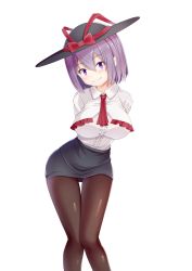 Rule 34 | 1girl, arms behind back, black hat, black pantyhose, black skirt, bow, breasts, closed mouth, dekaraitaa, frills, hat, hat bow, highres, large breasts, leaning forward, looking at viewer, medium hair, miniskirt, nagae iku, pantyhose, pencil skirt, purple eyes, purple hair, red bow, red neckwear, shirt, simple background, skirt, smile, solo, touhou, white background, white shirt
