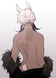 Rule 34 | 1girl, animal ears, back, back focus, cat ears, cat tail, feather hair ornament, feathers, final fantasy, final fantasy xiv, from behind, fur trim, grey background, grey hair, hair ornament, highres, miqo&#039;te, short hair, solo, ssickbbang ff, tail, tan, tanline, topless, undressing, upper body, y&#039;shtola rhul