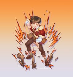 Rule 34 | 1boy, bag, bandaged hand, bandages, belt, bomhat, brown footwear, brown hair, brown pants, brown socks, brown sweater vest, capelet, character name, collared shirt, commentary, debris, fighting stance, full body, glasses, gradient background, grey background, highres, long sleeves, looking at viewer, male focus, necktie, open mouth, orange background, orange eyes, original, pants, red capelet, red necktie, rock, shirt, shoes, short hair, shoulder bag, socks, solo, standing, sweater vest, white shirt