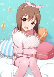 Rule 34 | 1girl, absurdres, blush, bob cut, breasts, brown eyes, brown hair, buchi (y0u0ri ), cloud, collarbone, crescent moon, cushion, dot nose, floral print, food, green background, hagiwara yukiho, hairband, heart, heart-shaped pillow, highres, idolmaster, idolmaster (classic), idolmaster million live!, idolmaster million live! theater days, knees together feet apart, long sleeves, looking at viewer, macaron, medium breasts, moon, multiple girls, hugging object, on bed, open mouth, pajamas, pillow, pillow hug, pink hairband, pink pajamas, polka dot pillow, print hairband, print pajamas, sheep, short hair, sitting, smile, solo, star (sky), striped pillow