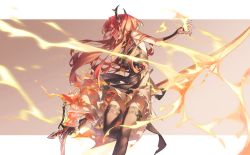 Rule 34 | absurdres, arknights, black dress, dress, fingerless gloves, fire, gloves, highres, holding, holding weapon, horns, looking to the side, purple eyes, red hair, scythe, surtr (arknights), thighhighs, weapon, wushier