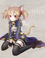 Rule 34 | 10s, 1girl, animal ears, brown hair, cat ears, cat tail, character name, fairy wings, fingerless gloves, gloves, mia (rensyuusuke), red eyes, short hair, short twintails, silica, silica (sao-alo), sword art online, tail, thighhighs, twintails, wings