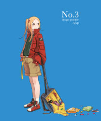 Rule 34 | 1girl, ark john up, backpack, bag, black shirt, blonde hair, blue background, blush, brown eyes, brown shorts, candy, candy wrapper, closed mouth, coca-cola, commentary, english commentary, english text, food, forehead, hair bobbles, hair ornament, hands in pockets, highres, jacket, lollipop, long hair, long sleeves, looking away, looking back, one side up, open clothes, open jacket, original, parted bangs, pepsi, pocky, puffy long sleeves, puffy sleeves, red footwear, red jacket, shirt, shoes, shorts, simple background, socks, soda bottle, solo, standing, white socks