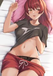 Rule 34 | 1girl, absurdres, alternate costume, black panties, black shirt, blush, breasts, clothes lift, clothes pull, groin, hair down, hand under clothes, hand under shirt, hand up, heterochromia, highres, hololive, houshou marine, lace, lace panties, large breasts, long hair, looking at viewer, lying, midriff, navel, on back, open mouth, panties, red eyes, red hair, red shorts, shirt, shirt lift, shorts, shorts pull, solo, stomach, thighs, underboob, underwear, virtual youtuber, yamikyon, yellow eyes