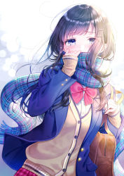 Rule 34 | 1girl, backlighting, bag, black hair, blazer, blue jacket, blue scarf, blush, bow, brown cardigan, cardigan, commentary request, covered mouth, crying, crying with eyes open, dress shirt, enpera, fringe trim, hair ornament, hairclip, hand up, jacket, kashiwabara en, long hair, long sleeves, looking at viewer, open clothes, open jacket, original, pink bow, plaid, plaid scarf, plaid skirt, pleated skirt, purple eyes, purple skirt, scarf, school bag, school uniform, shirt, skirt, sleeves past wrists, solo, tears, upper body, white shirt