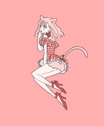Rule 34 | 1girl, absurdres, animal ears, ass, bare shoulders, blush, dress, female focus, full body, gingham, high heels, highres, long hair, original, pink background, pink hair, red footwear, rikuwo, simple background, solo, tail
