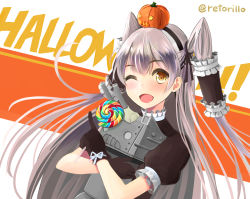 Rule 34 | 10s, 1girl, ;d, amatsukaze (kancolle), artist name, bad id, bad pixiv id, black gloves, brown eyes, candy, food, food-themed hair ornament, frills, gloves, hair ornament, halloween, holding, kantai collection, lollipop, long hair, one eye closed, open mouth, pointy ears, puffy short sleeves, puffy sleeves, pumpkin hair ornament, rensouhou-kun, retorillo, ribbon, short sleeves, silver hair, simple background, smile, sweets, tube, twintails, two side up, very long hair