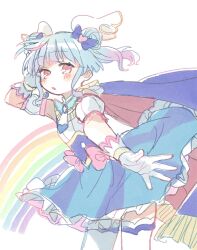 Rule 34 | 1girl, :o, blue bow, blue skirt, blush, bow, cha ipride, cowboy shot, detached sleeves, double bun, floating hair, frilled skirt, frills, from side, gloves, hair bow, hair bun, hand on own head, head wings, high-waist skirt, highres, hyodou shizuku, idoly pride, leaning forward, long bangs, looking at viewer, magical girl, open mouth, puffy detached sleeves, puffy sleeves, rainbow, red eyes, shirt, short hair, sidelocks, simple background, skirt, solo, thighhighs, white background, white gloves, white shirt, white thighhighs, wings