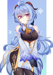 Rule 34 | 1girl, absurdres, ahoge, bare shoulders, bell, black gloves, black legwear, blue hair, blush, breasts, detached sleeves, ganyu (genshin impact), genshin impact, gloves, gold trim, highres, horns, long hair, looking at viewer, medium breasts, multicolored eyes, neck bell, own hands together, parted lips, sidelocks, signature, solo, standing, thighlet, white sleeves, ying miao