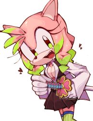 Rule 34 | 1girl, amy rose, animal ears, artist name, black skirt, breasts, cleavage, cosplay, furry, furry female, gloves, green eyes, green thighhighs, heart, highres, holding, holding sword, holding weapon, kanroji mitsuri, kanroji mitsuri (cosplay), katana, kimetsu no yaiba, kumo zd, looking at viewer, open clothes, open mouth, open shirt, pink fur, pleated skirt, shirt, simple background, skirt, solo, sonic (series), sword, teeth, thighhighs, upper teeth only, weapon, white background, white gloves, white shirt