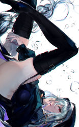 Rule 34 | 1girl, arknights, ass, black dress, black footwear, boots, breasts, bubble, commentary request, dress, eichi (yashokuya), from side, garter straps, habit, hand on own face, high heel boots, high heels, highres, jewelry, light particles, long hair, long sleeves, looking at viewer, necklace, nun, pelvic curtain, red eyes, sideways glance, silver hair, small breasts, solo, specter (arknights), thigh boots, thigh strap, thighhighs, thighs, upside-down, very long hair, white background