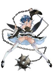 Rule 34 | 10s, 1girl, absurdres, armpits, ball and chain (weapon), blue eyes, blue hair, breasts, breasts out, chain, detached sleeves, dress, flail, frilled dress, frilled sleeves, frills, garter belt, hair ornament, hair ribbon, hairclip, highres, horns, large breasts, maid, matching hair/eyes, nipples, oni horns, open mouth, outstretched arms, pussy, re:zero kara hajimeru isekai seikatsu, rem (re:zero), ribbon, short hair, simple background, single horn, solo, spread legs, thighhighs, uncensored, weapon, white thighhighs